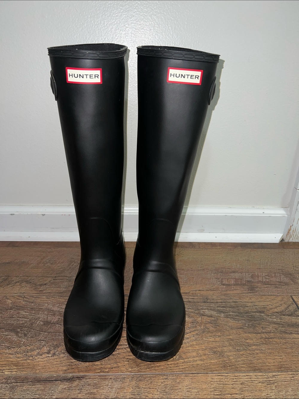 Hunter Black Tall Rain Boots with Red Logo Trim